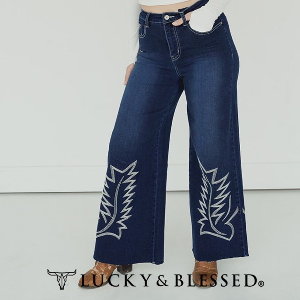 Lucky & Blessed Western Chic Embroidered Tea Stain Jeans size 18 Boho Western
